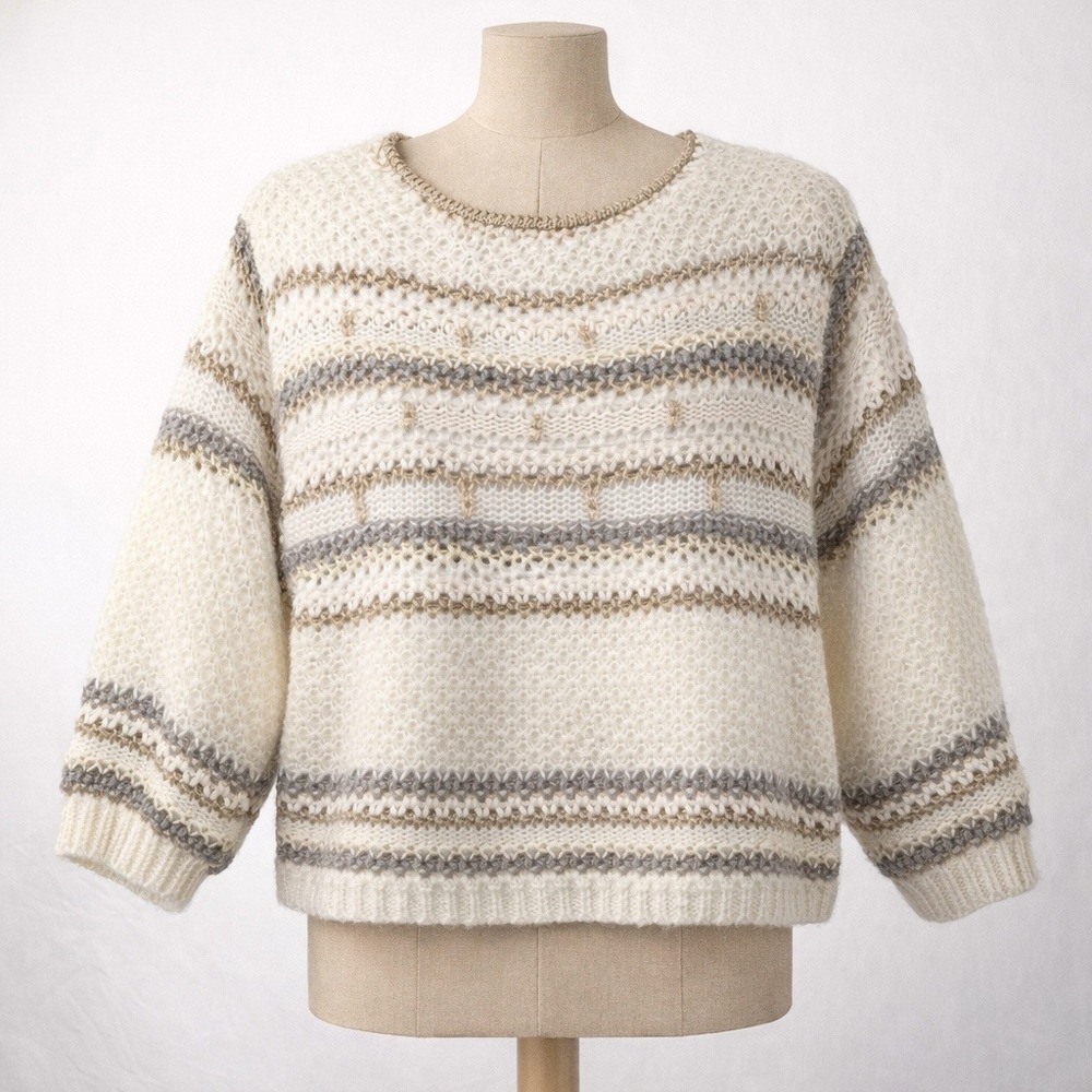 Vtg Beldoch Popper 80s Striped Sweater Size‎ M Cream Gold Metallic Preppy Granny
